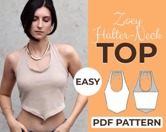 May include: A digital illustration of a halter-neck top sewing pattern with the text "Zoey Halter-Neck TOP EASY PDF PATTERN".