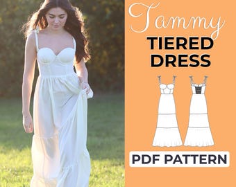 Molde para Vestido em Camadas | Molde para Vestido Maxi de Verão | Molde + Instruções Detalhadas com Ilustrações | Tamanhos XXS a XXL | A0, A4 e Carta (EUA)