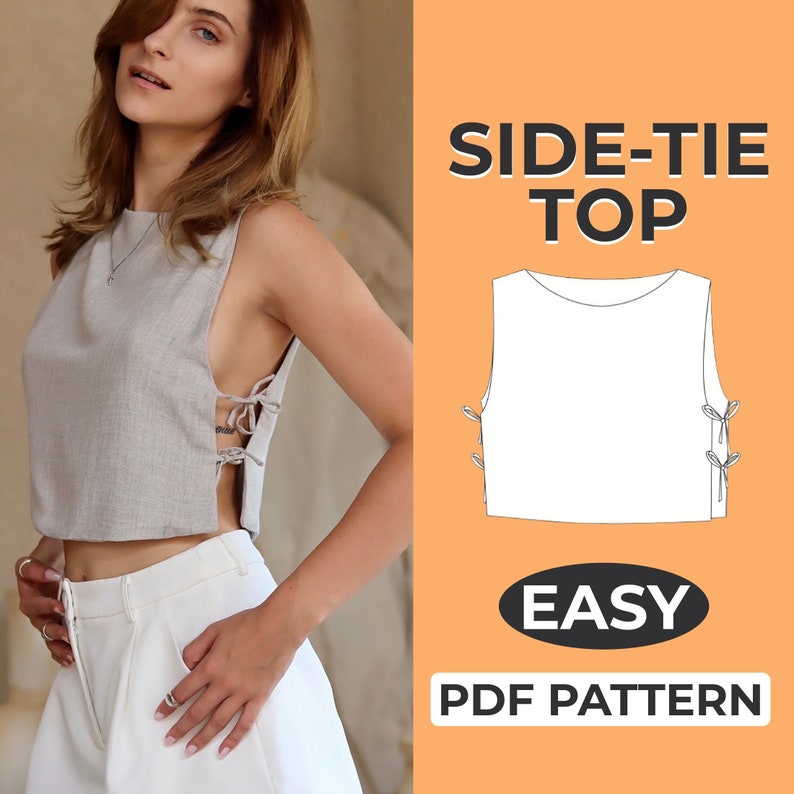 Side Tie Top Sewing Pattern Easy Beginner Pattern Easy Illustrated Tutorial XXS XXL A0, A4 & US-Letter image 1