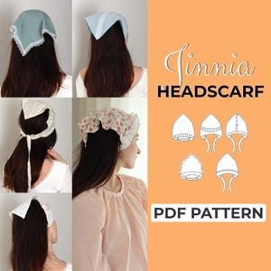 Könnte beinhalten: Eine Auswahl an Kopftüchern in verschiedenen Farben und Mustern, darunter ein hellblaues Tuch mit weißer Spitzenborte, ein weißes Tuch mit Blumenmuster und ein weißes Tuch zum Binden. Der Text "Jinnia HEADSCARF PDF PATTERN" ist ebenfalls enthalten.