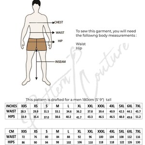 May include: Diagram illustrating body measurements for sewing patterns. Includes chest, waist, hip, and inseam measurements in inches and centimeters. Text states the pattern is drafted for a person 5'9" tall.