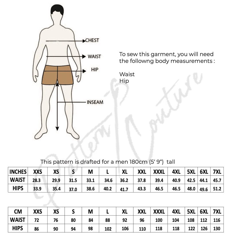 May include: Diagram illustrating body measurements for sewing patterns. Includes chest, waist, hip, and inseam measurements in inches and centimeters. Text states the pattern is drafted for a person 5'9" tall.