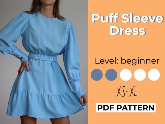 Puff sleeve pattern, smock dress pattern, mini dress pattern, selkie dress, long sleeve pattern, dress pattern mini, cottagecore dress - PDF