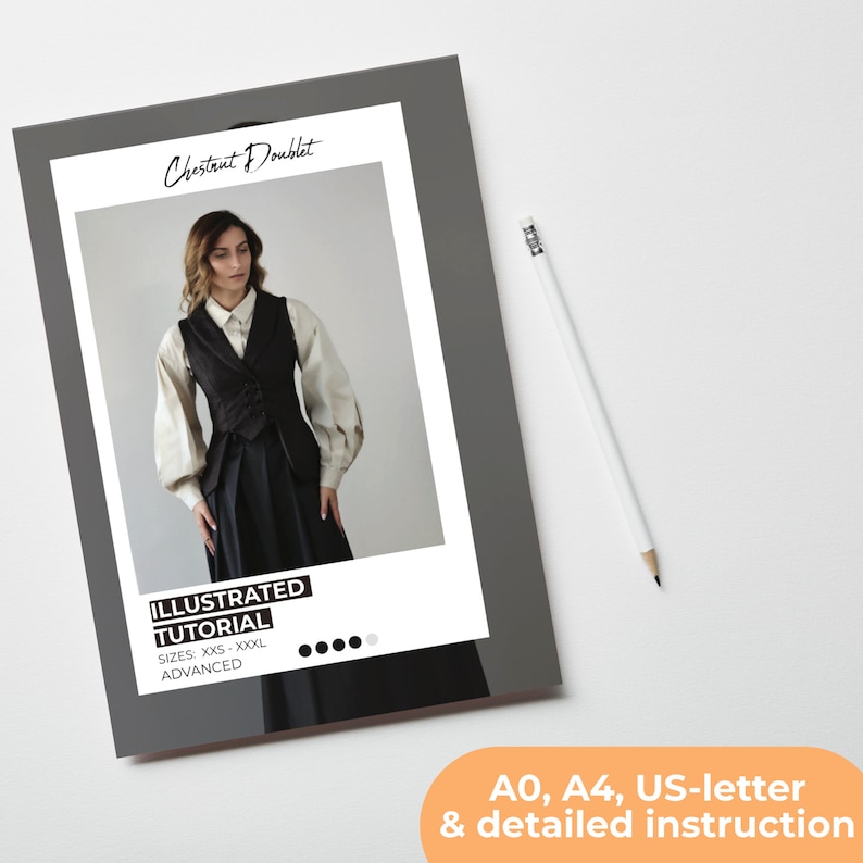 May include: A grey and white illustrated sewing pattern for a waistcoat, called "Chestnut Doublet". The pattern includes an image of a woman wearing the waistcoat, and the text "Illustrated Tutorial", "Sizes: XXS-XXXL", and "Advanced".