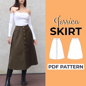 Padrão de costura para saia com botões | Padrão de saia em linha A | Padrão fácil para iniciantes + Tutorial ilustrado fácil | XXS - XXXL | A0, A4 e Carta EUA