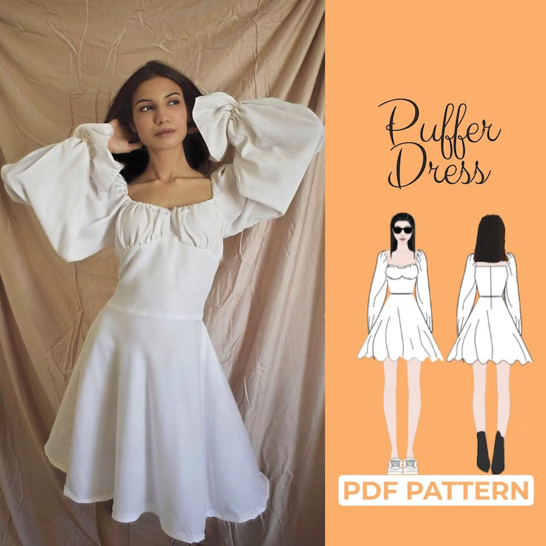 May include: A white puff-sleeved dress with a square neckline and a gathered bodice. The dress has a fitted bodice and a flared skirt. The dress is shown on a model with a light brown background. The image also includes a line drawing of the dress with the text "Puff Dress" and "PDF Pattern".
