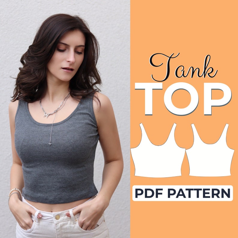 May include: A gray ribbed tank top with a scoop neck. The image also features a PDF pattern for a tank top, with the words "Tank Top" in large white letters and "PDF Pattern" below.