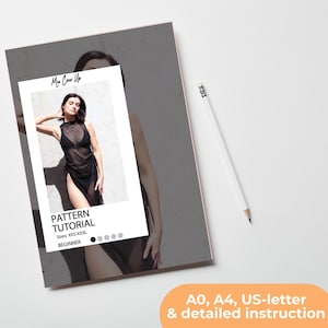 May include: A black and white image of a woman wearing a black sheer dress with a high neck and side slits. The image is a pattern tutorial for sizes XXS-XXXXL and is labelled as beginner.