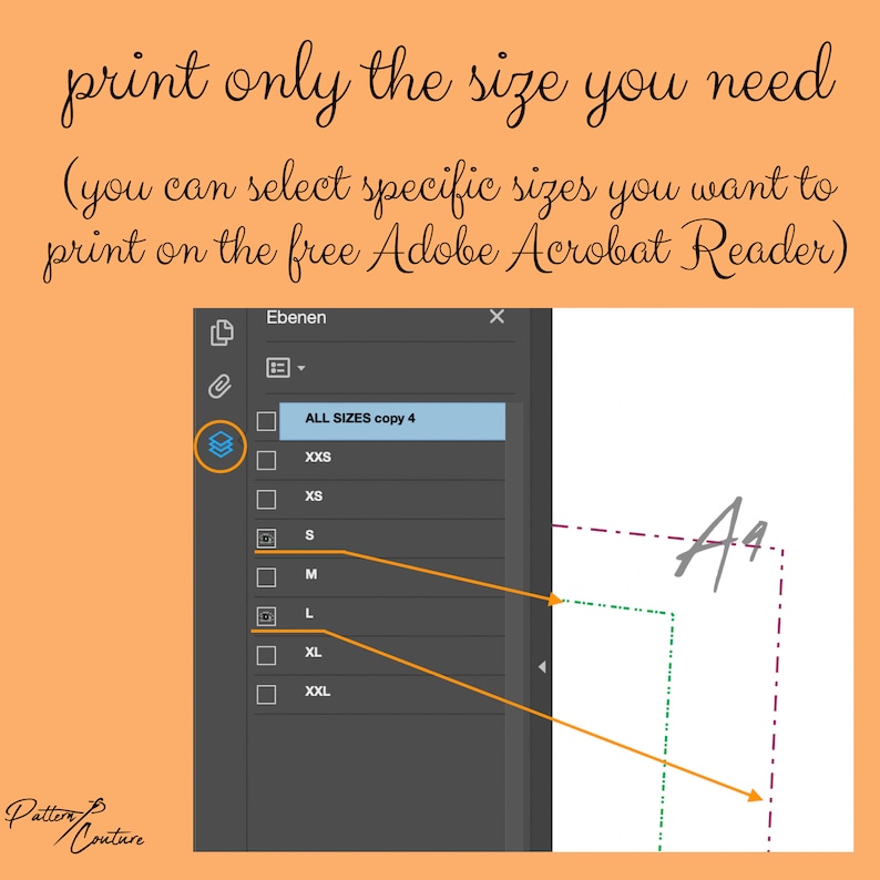 May include: A screenshot of a computer screen showing a list of sizes for a digital pattern. The sizes are labeled "ALL SIZES copy 4", "XXS", "XS", "S", "M", "L", "XL", and "XXL". The screen also shows a piece of paper with a dashed line border and the text "A4" written in cursive.
