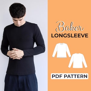 Op de afbeelding: Een zwart shirt met lange mouwen en een ronde hals. De afbeelding toont ook een diagram van een shirt met lange mouwen en de tekst "Baker LONGSLEEVE PDF PATTERN" op een oranje achtergrond.