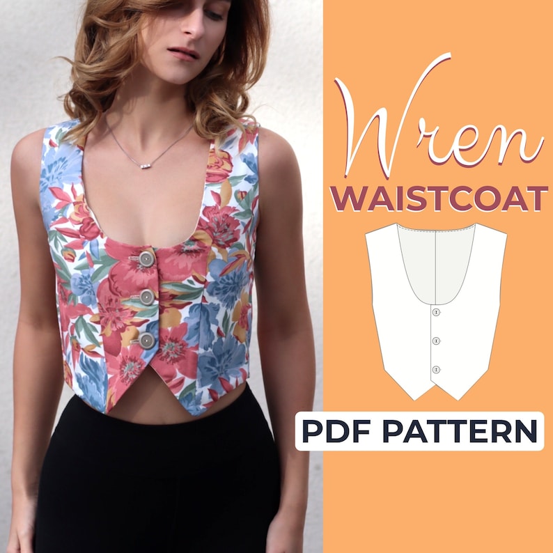 May include: A PDF pattern for a cropped floral waistcoat with a pointed hem. The pattern includes a line drawing of the waistcoat with button details.