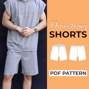 Può includere: Un completo grigio con felpa senza maniche e pantaloncini abbinati. L'immagine include un disegno di pantaloncini con coulisse e il testo "Drawstring SHORTS" e "PDF PATTERN".