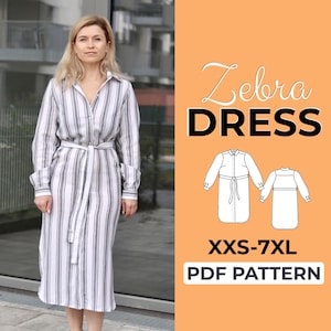 May include: A woman wearing a white and gray striped dress with a matching belt. The image includes the text "Zebra DRESS" and "XXS-7XL PDF PATTERN", along with a diagram of the dress design. The dress has long sleeves and a button-down front.