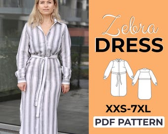 May include: A woman wearing a white and gray striped dress with a matching belt. The image includes the text "Zebra DRESS" and "XXS-7XL PDF PATTERN", along with a diagram of the dress design. The dress has long sleeves and a button-down front.