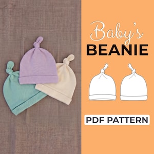 May include: Three baby beanies in pastel colors: mint green, lavender, and cream. The beanies have a knotted top design. The image also includes the text "Baby's BEANIE" and "PDF PATTERN" on an orange background.