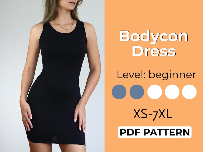 May include: A black bodycon dress sewing pattern, with a beginner skill level. The pattern is available in sizes XS-7XL and is a PDF download.