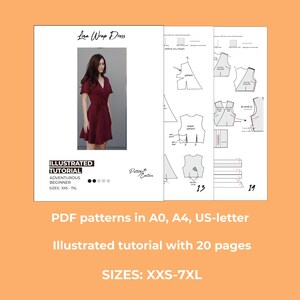 Peut inclure: Un patron de couture num&eacute;rique pour la robe portefeuille Lira, avec un tutoriel illustr&eacute;. Le patron comprend les tailles XXS-7XL et convient aux d&eacute;butants aventureux. L'image montre une femme portant la robe et des sch&eacute;mas.