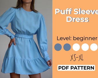 Puff sleeve pattern, smock dress pattern, mini dress pattern, selkie dress, long sleeve pattern, dress pattern mini, cottagecore dress - PDF