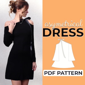 Patrón de costura para vestido de un solo hombro, vestido asimétrico, patrón para principiantes, tallas XXS-XXL, A0, A4 y carta estadounidense + tutorial ilustrado fácil