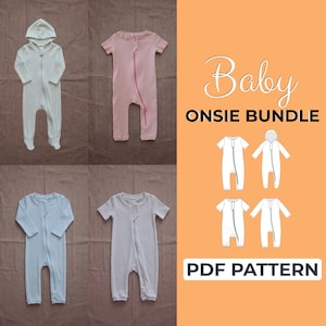 May include: A digital sewing pattern for a baby onesie bundle, featuring four variations of infant jumpsuits with front zippers. The image displays physical samples in white, pink, and light blue, alongside technical line drawings and the text Baby ONSIE BUNDLE PDF PATTERN.