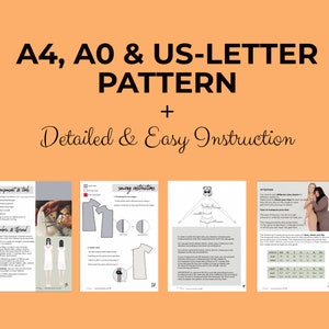 May include: A set of three printable sewing pattern instructions for a dress and a t-shirt. The instructions include a size chart, measurements, and sewing steps. The title of the document is "A4, A0 & US-LETTER PATTERN + Detailed & Easy Instruction".