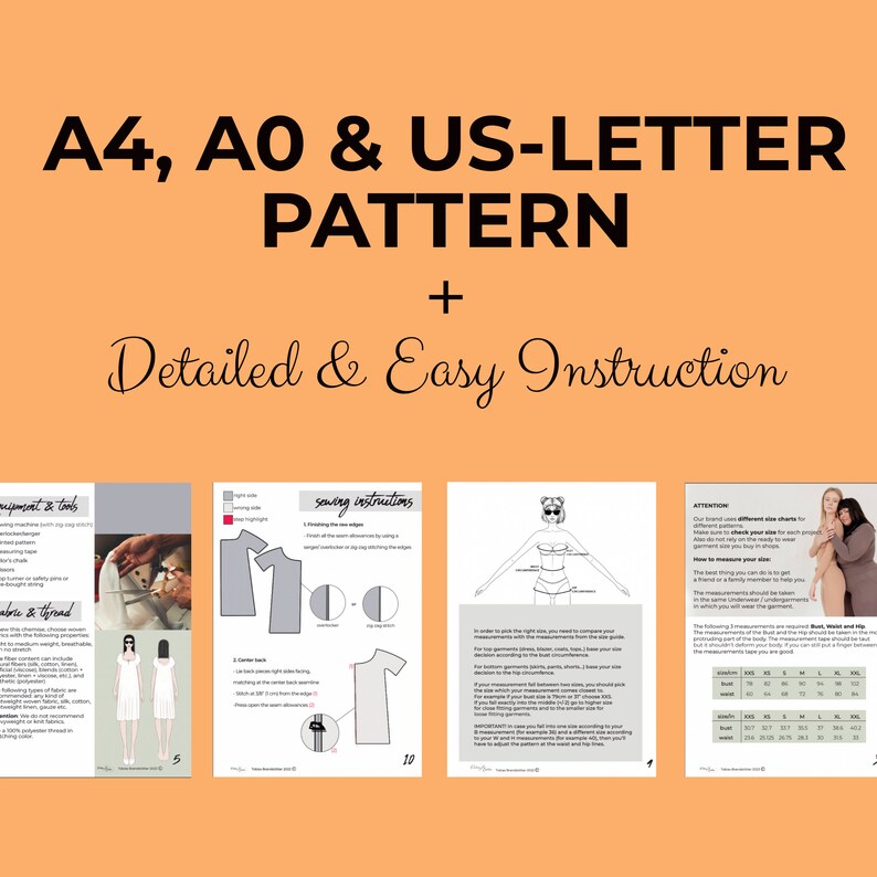 May include: A set of three printable sewing pattern instructions for a dress and a t-shirt. The instructions include a size chart, measurements, and sewing steps. The title of the document is "A4, A0 & US-LETTER PATTERN + Detailed & Easy Instruction".