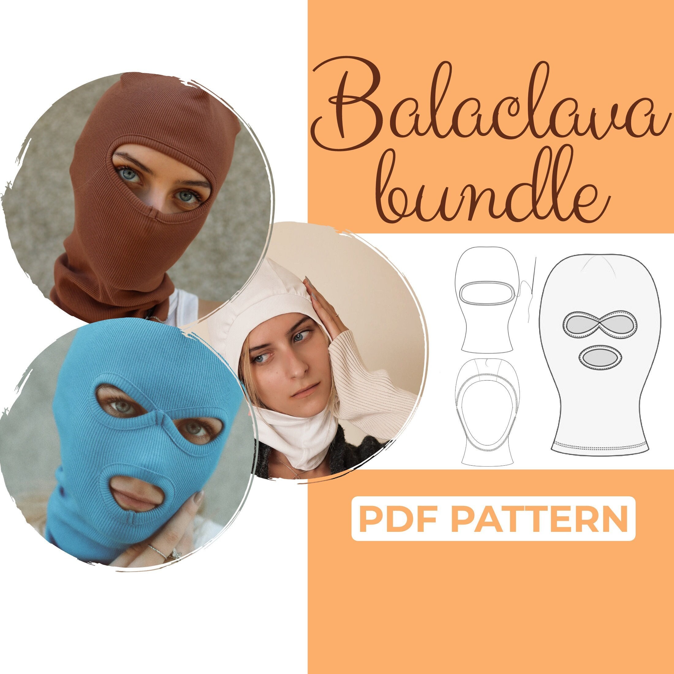 【IMPORT】ragged pattern zip ski mask Balaclava Mask Sewing Pattern Bundle , 3 Ski Mask Patterns