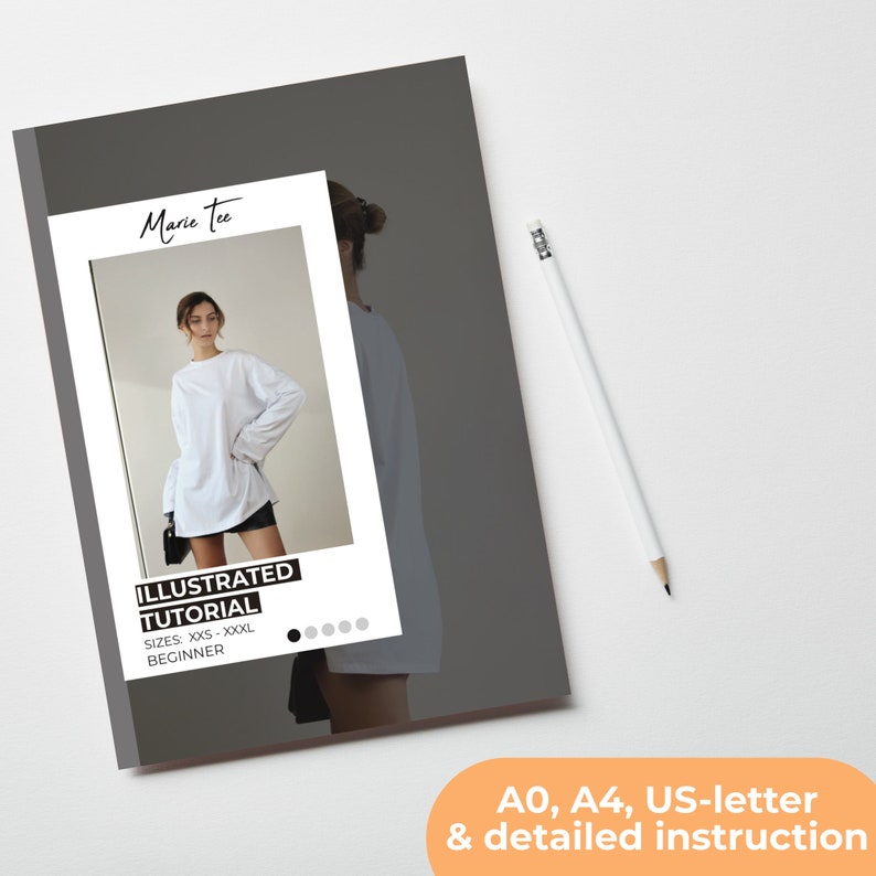May include: A digital download of a sewing pattern for a basic tee shirt. The pattern includes illustrated instructions and is available in sizes XXS to XXXL. The pattern is for beginners.