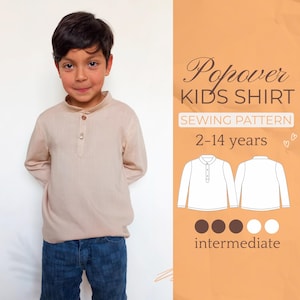 Patrón de costura de camisa abullonada para niños / Camisa polo con botones / Patrón + instrucciones detalladas con ilustraciones / 2 a 14 años / A0, A4 y carta de EE. UU.