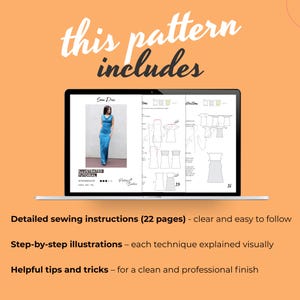 Puede incluir: Una pantalla de port&aacute;til muestra instrucciones de patrones de costura. La pantalla muestra un vestido azul y diagramas detallados. El texto "this pattern includes" est&aacute; en la parte superior. Debajo, se lee: "Detailed sewing instructions (22 pages)".