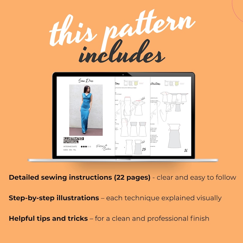 Puede incluir: Una pantalla de port&aacute;til muestra instrucciones de patrones de costura. La pantalla muestra un vestido azul y diagramas detallados. El texto "this pattern includes" est&aacute; en la parte superior. Debajo, se lee: "Detailed sewing instructions (22 pages)".