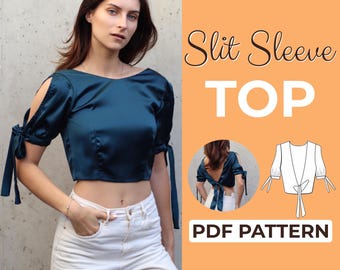 Schlitz Ärmel Zurück Krawatte Top Schnittmuster | Wickel-Crop-Top | Anfänger Schnittmuster + Anleitung für Anfänger | XXS - XXL | A0, A4 & US Letter