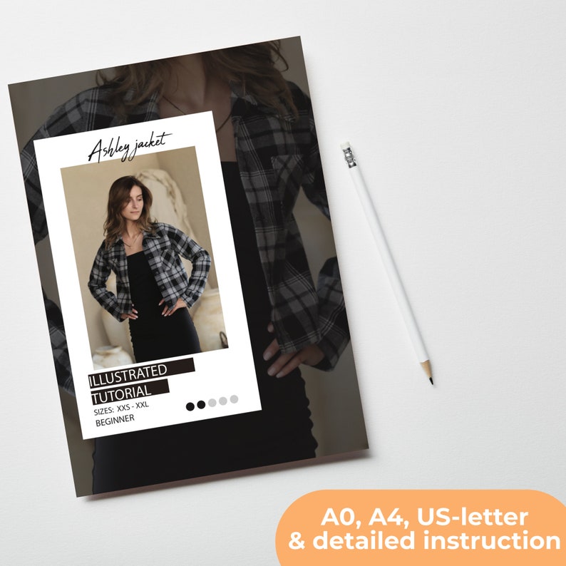 May include: A black and white plaid jacket sewing pattern with an illustrated tutorial. The pattern includes sizes XXS-XXL and is for beginners. The image shows a woman wearing the jacket.