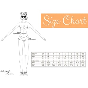 May include: Size chart for clothing with measurements in inches and centimetres. The chart shows sizes from XXS to XXXL for bust, waist, and hip.