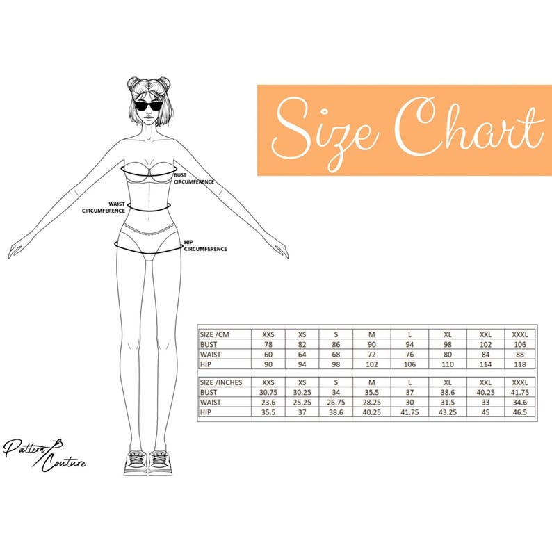 May include: Size chart for clothing with measurements in inches and centimetres. The chart shows sizes from XXS to XXXL for bust, waist, and hip.