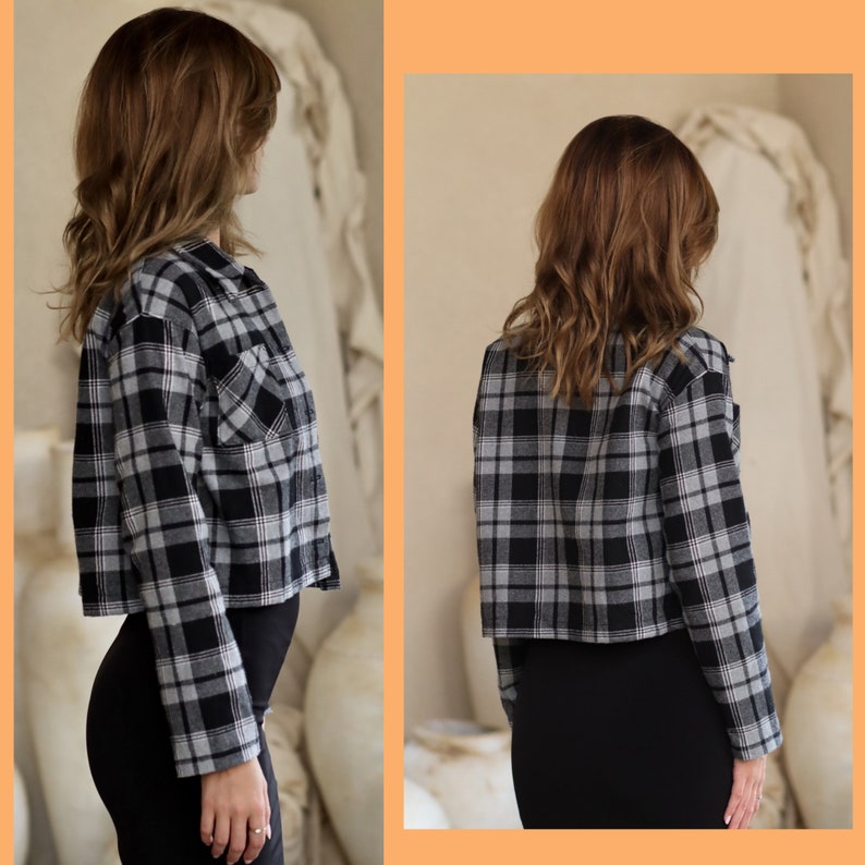 May include: A black and white plaid cropped shirt with long sleeves. The shirt is buttoned up and has a pocket on the left side.