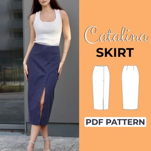 May include: A woman wearing a navy blue skirt with a front slit, paired with a white tank top. The image includes a sketch of the skirt and the text "Catalina SKIRT PDF PATTERN".