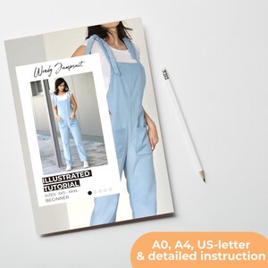 May include: A digital sewing pattern for a light blue jumpsuit with a square neckline and tie straps. The pattern includes an illustrated tutorial and is available in sizes XXS-XXXL. The text "Wendy Jumpsuit" is at the top of the pattern.