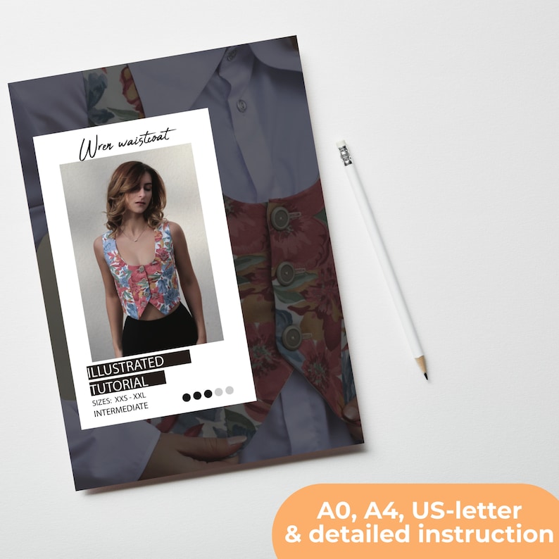May include: A digital download pattern for a floral print waistcoat. The pattern includes an illustrated tutorial and is available in sizes XXS to XXL. The pattern is for an intermediate sewing skill level.