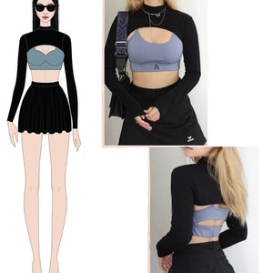 May include: A black long-sleeved crop top with a cut-out design is worn over a blue sports bra. The model is also wearing a black mini skirt and white shoes. The text "Final Look" is at the top of the image.