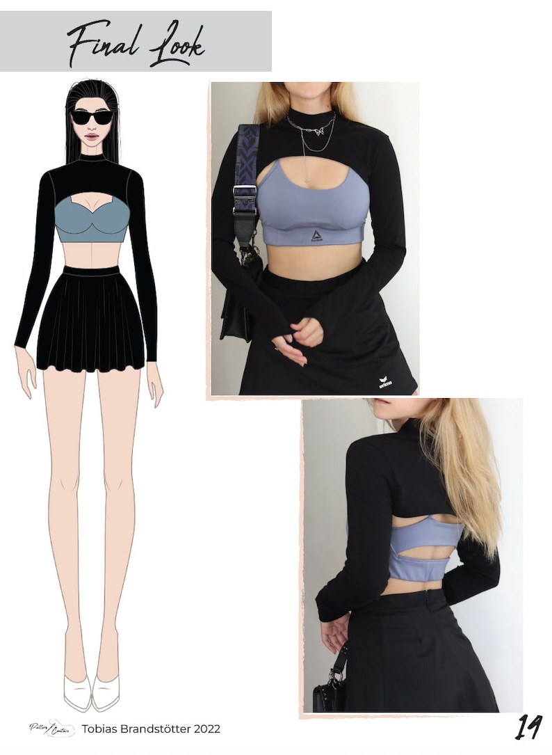 May include: A black long-sleeved crop top with a cut-out design is worn over a blue sports bra. The model is also wearing a black mini skirt and white shoes. The text "Final Look" is at the top of the image.
