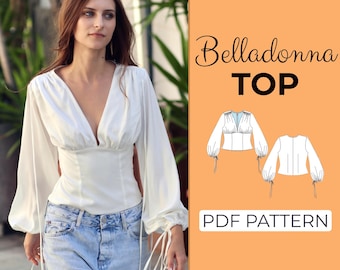 Lantern Sleeve Blouse Sewing Pattern | Lace Up Corset Waist | Pattern + Detailed Illustrated Instruction | XXS - 7XL | A0, A4 & US-Letter