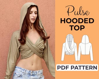 Hooded Wrap Top Sewing Pattern | Long Sleeve Crop Top | Easy Beginner Pattern + Easy Illustrated Tutorial | XXS - 7XL | A0, A4 & US Letter