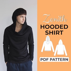 May include: Black hooded shirt with a cowl neck. The shirt is long-sleeved and has a relaxed fit. The image also includes a diagram of the shirt and the text "Zenith HOODED SHIRT PDF PATTERN" on an orange background.