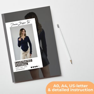 May include: A sewing pattern for a zipper top with an illustrated tutorial. The pattern includes sizes XXS-XXXL and is considered advanced. The image shows a woman wearing the finished garment.