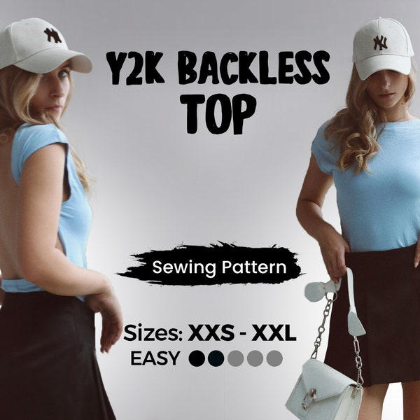 Y2K Backless Top Sewing Pattern | 90s Inspired Low Back Tee | Open Back Tshirt | Crop Top Y2K | Backless Summer Shirt - A0, A4 Us-Letter