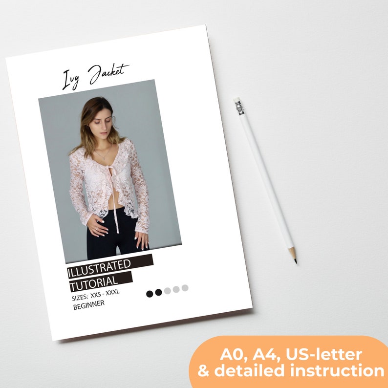 May include: A digital download pattern for a lace jacket called "Ivy Jacket". The pattern includes an illustrated tutorial, sizes XXS-XXXL, and is for beginners. The image shows a model wearing the finished jacket.