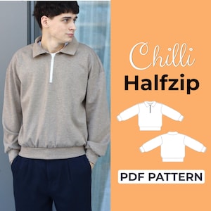 May include: A beige long-sleeve pullover with a collar and a white half-zip closure. The image includes the text Chilli Halfzip PDF PATTERN and two white line-art diagrams showing the front and back views of the garment design.