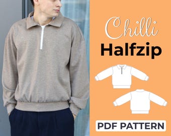 Pullover Pattern | Half Zip Sweater, Mens Sweaters Pattern | Pattern + Detailed Illustrated Instructions | XXS - 7XL | A0, A4 & US-Letter