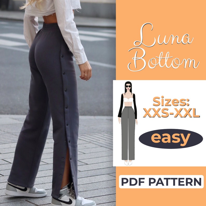 High Slit Streetwear Pants Sewing Pattern, XXS-XXL, Highwaisted Pants, Beginner A0, A4 & US-Letter Pattern Easy Instruction image 1